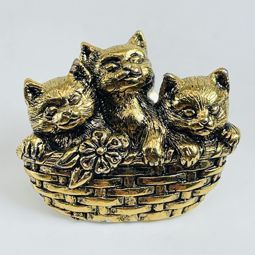 AVON VTG Kittens Basket of Love Pin Brooch Gold Tone Metal Cat Jewelry Flower